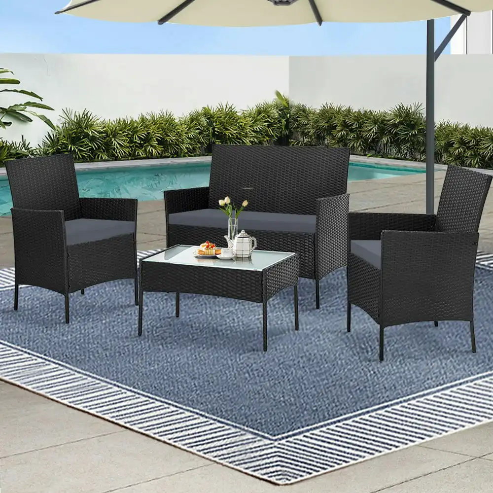 Gardeon 4 Seater Outdoor Sofa Set Wicker Setting Table Chair Furniture Black