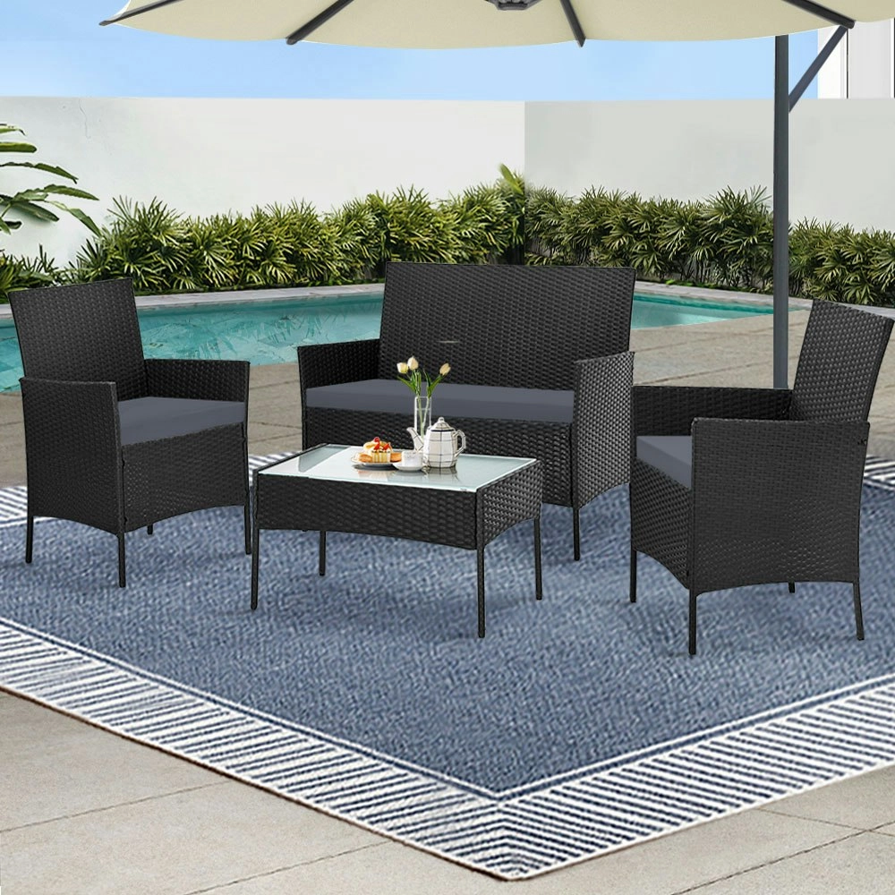 Gardeon 4 Seater Outdoor Sofa Set Wicker Setting Table Chair Furniture Black