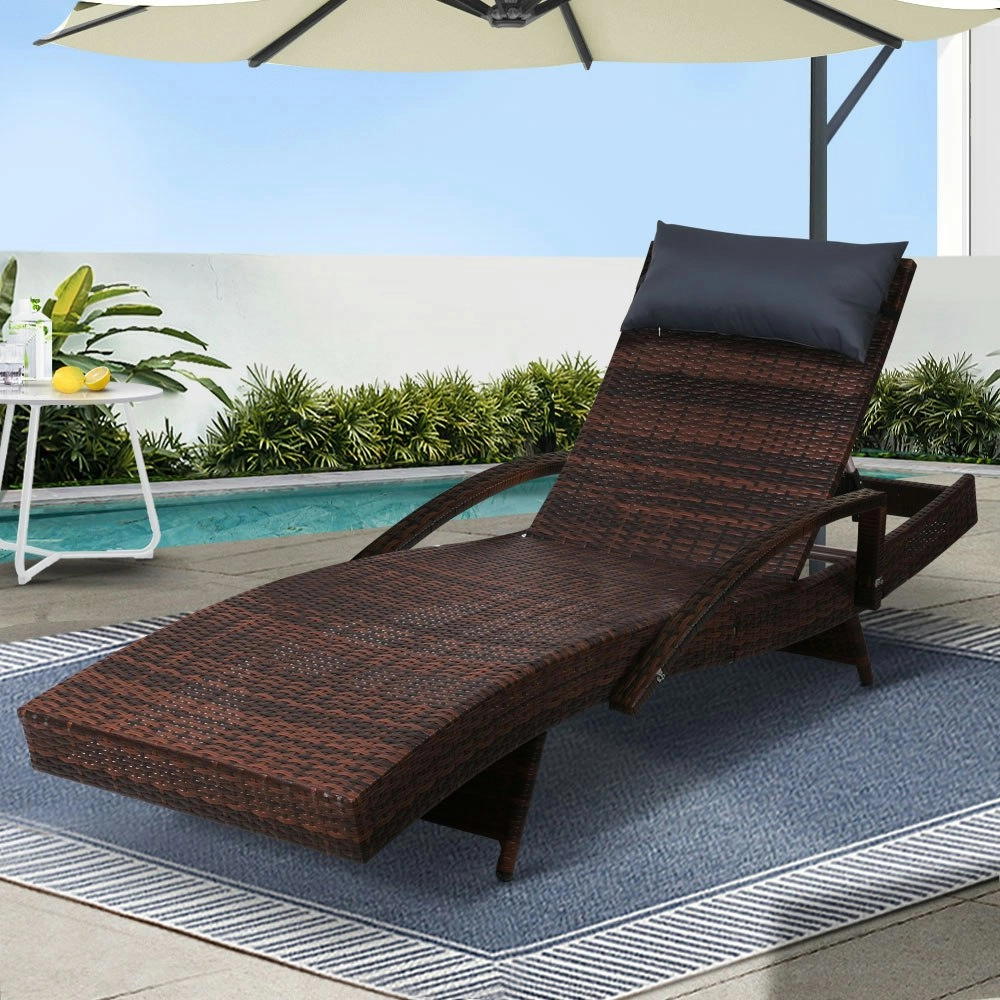 Gardeon Sun Lounge Wicker Lounger Outdoor Furniture Beach Chair Armrest Adjustable Brown