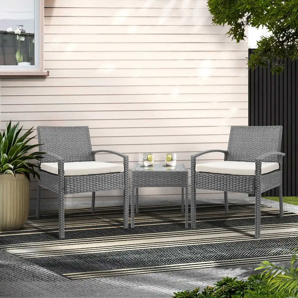 Gardeon 3PC Patio Furniture Bistro Set Wicker Outdoor Lounge Setting Grey