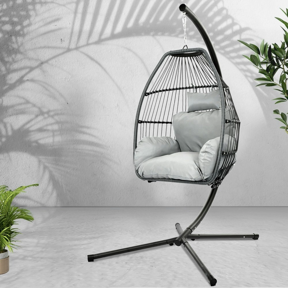 Gardeon Outdoor Egg Swing Chair Wicker Rope Furniture Pod Stand Cushion Grey