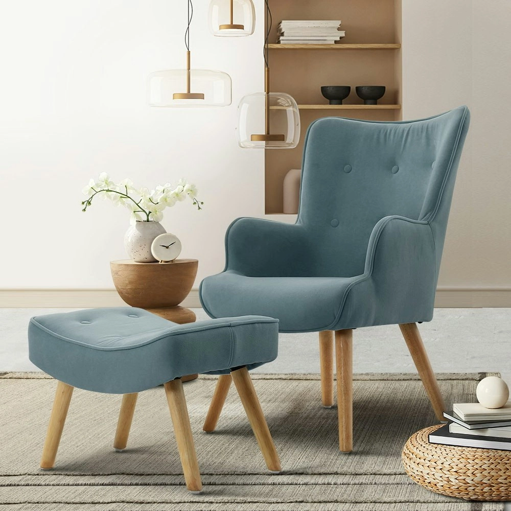 Artiss Armchair Set with Ottoman Blue Lansar