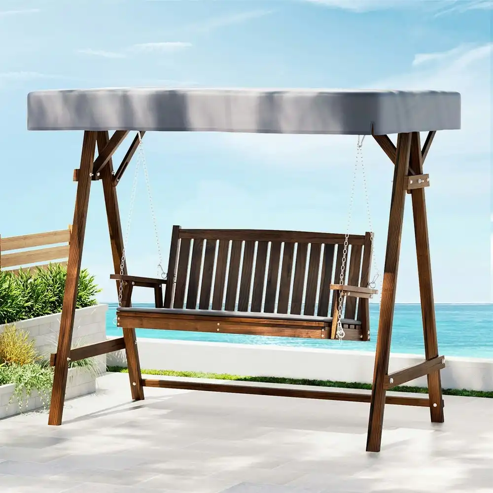 Gardeon Outdoor Wooden Swing Chair Garden Bench Canopy Cushion 3 Seater Charcoal