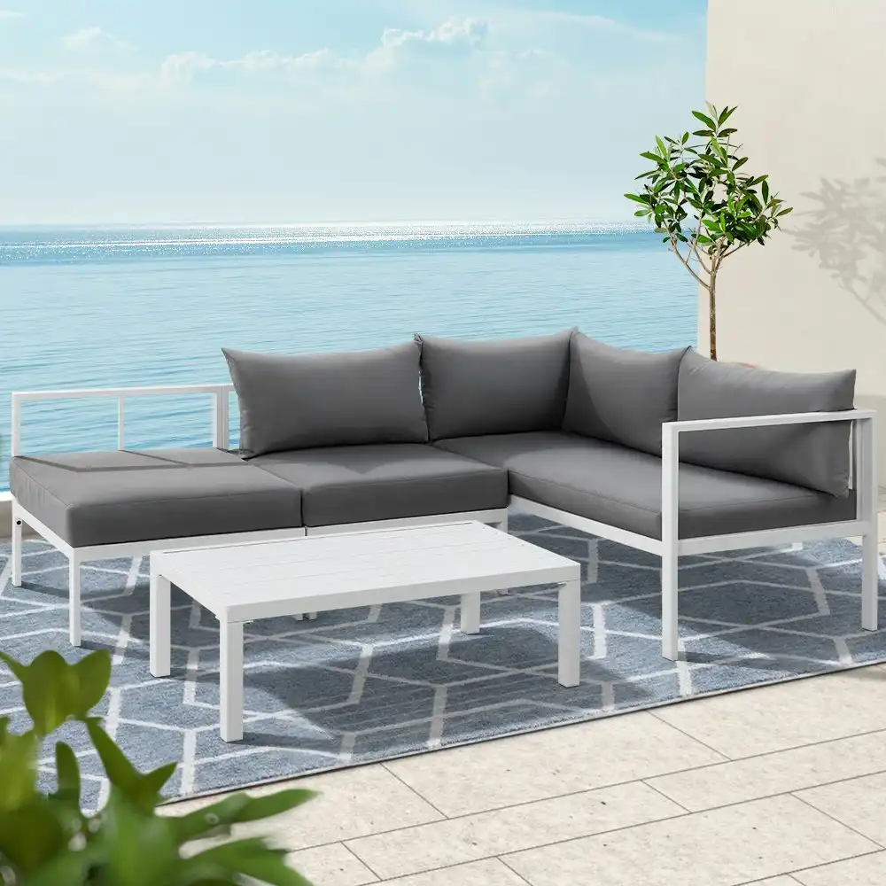 Gardeon 4 Piece Outdoor Sofa Set Aluminum Table Chair - White