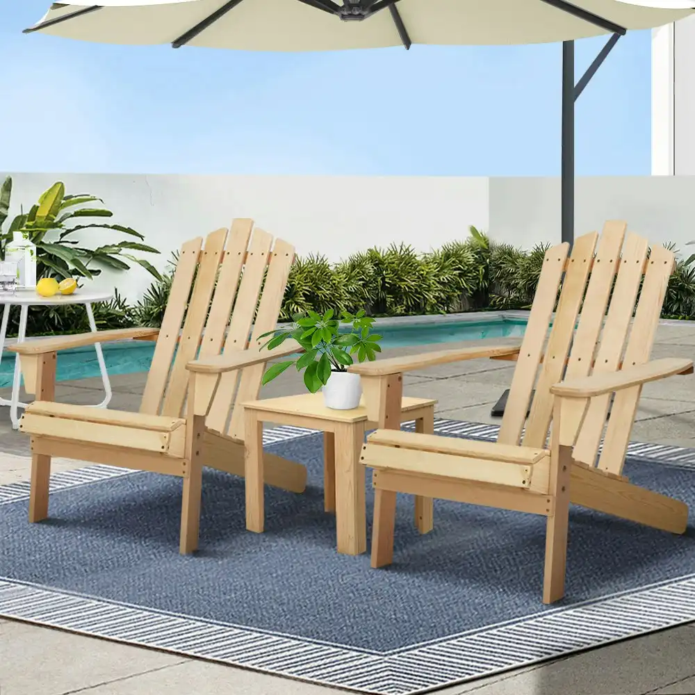 Gardeon 3PC Adirondack Outdoor Table and Chairs Wooden Beach Chair Natural