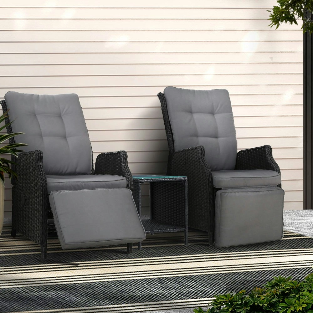 Gardeon 3PC Recliner Chairs Table Sun lounge Outdoor Furniture Wicker Adjustable Black