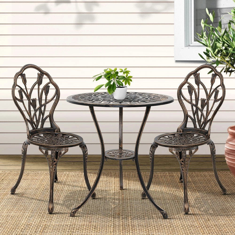 Gardeon 3PC Outdoor Setting Bistro Set Chairs Table Cast Aluminum Patio Furniture Tulip Bronze