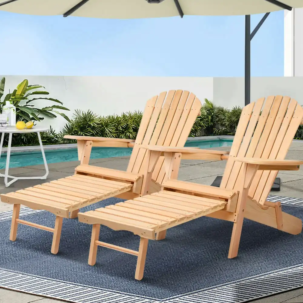 Gardeon 2PC Adirondack Outdoor Chairs Wooden Sun Lounge Patio Furniture Garden Natural