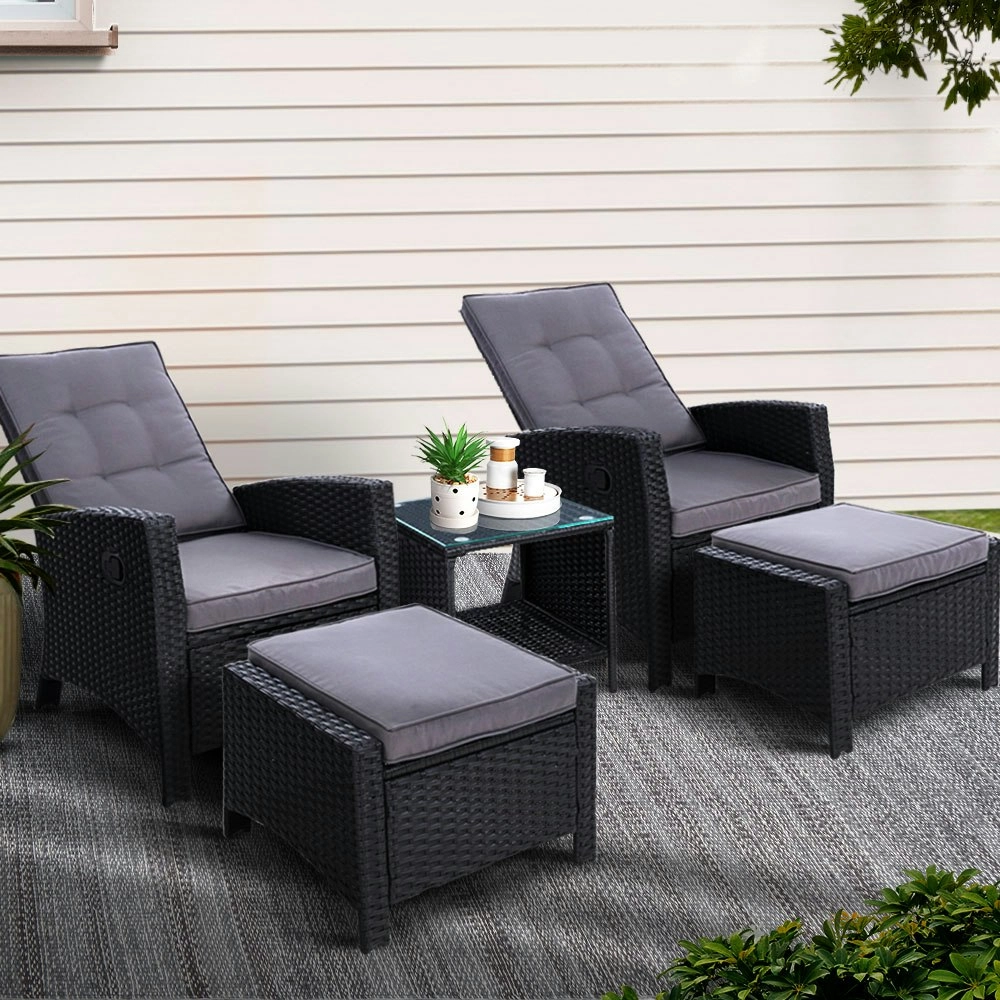 Gardeon 5PC Recliner Chairs Table Sun lounge Wicker Outdoor Furniture Adjustable Black