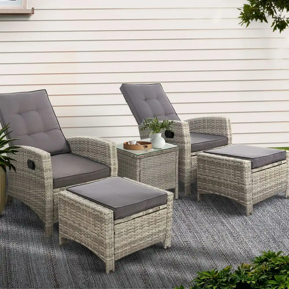 Gardeon 5PC Recliner Chairs Table Sun lounge Wicker Outdoor Furniture Grey