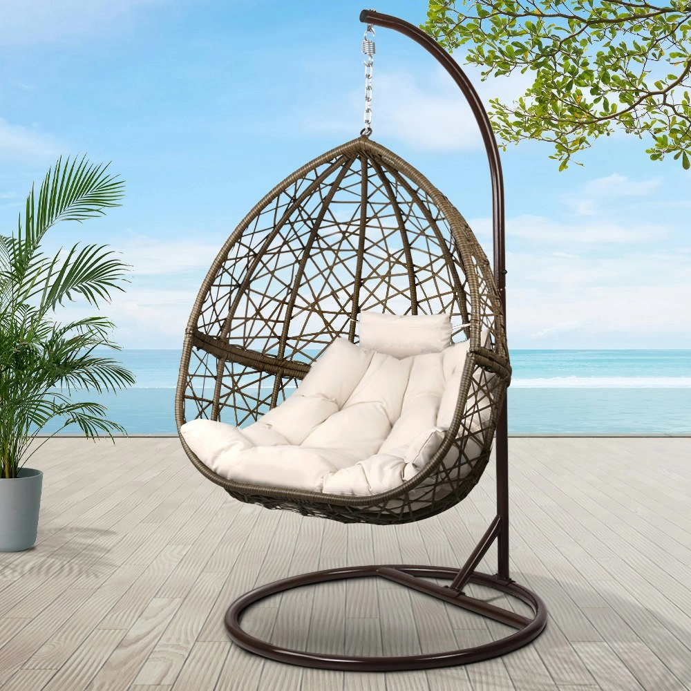 Gardeon Outdoor Egg Swing Chair Wicker Rattan Furniture Pod Stand Cushion Latte