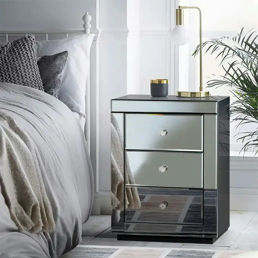 Artiss Bedside Table 3 Drawers Mirrored Glass - PRESIA Grey