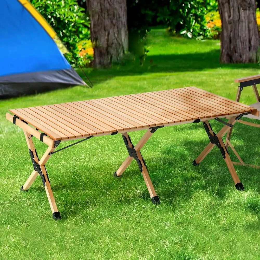 Gardeon Camping Table Folding Outdoor Furniture Wooden Egg Roll Picnic Desk