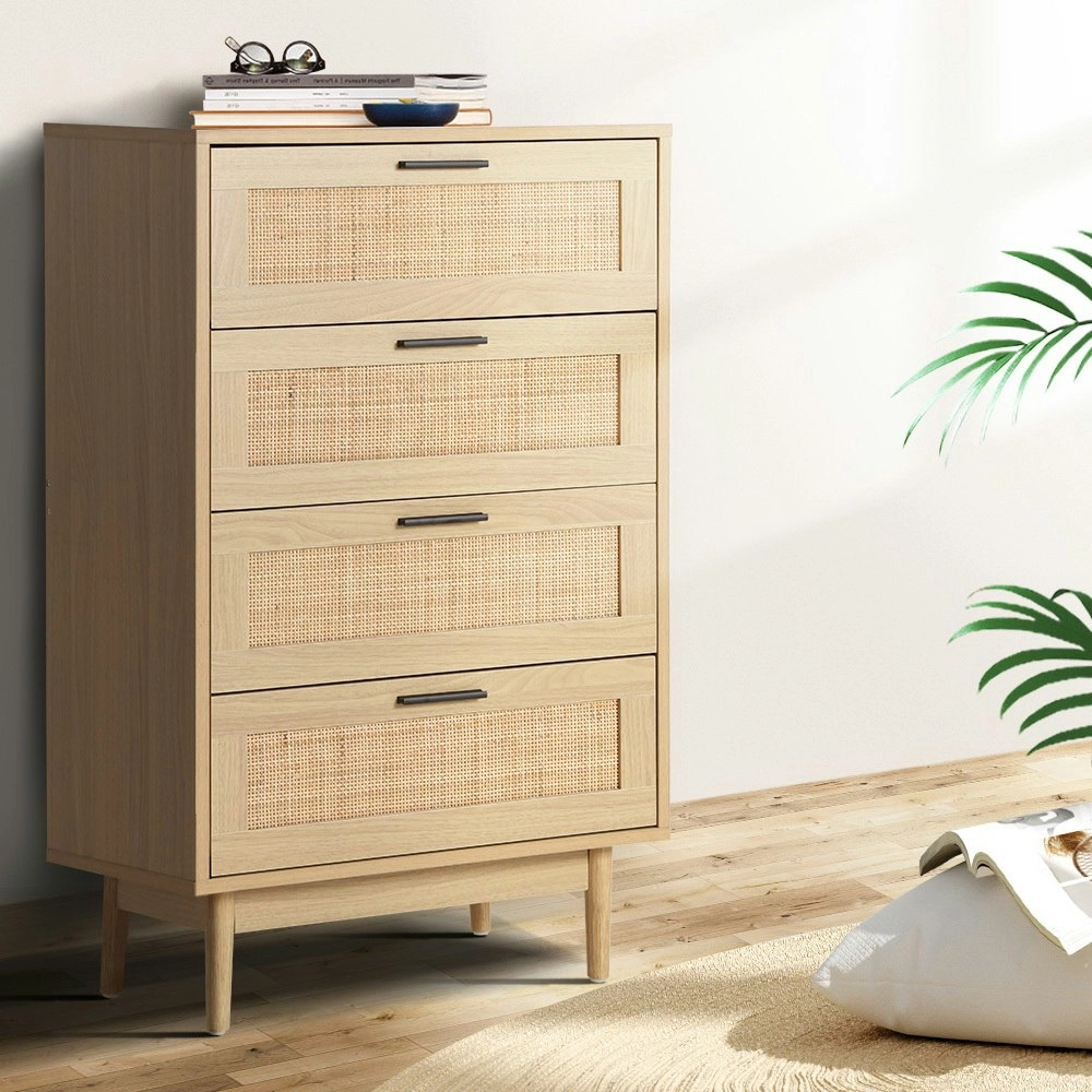 Artiss 4 Chest of Drawers Rattan Tallboy Pine - BRIONY