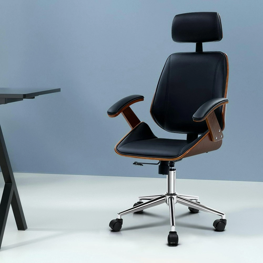 Artiss Wooden Office Chair Leather Seat Black