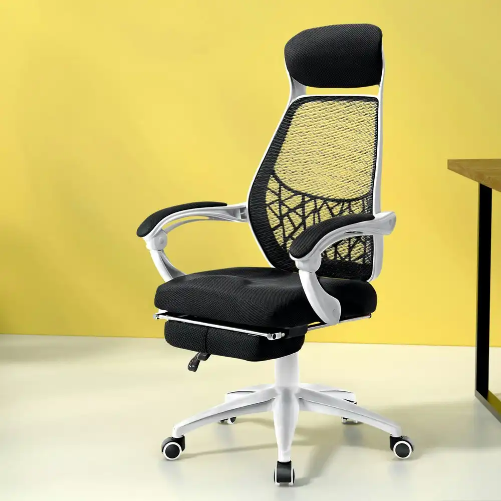 Artiss Mesh Office Chair Recliner Black White w/ Footrest