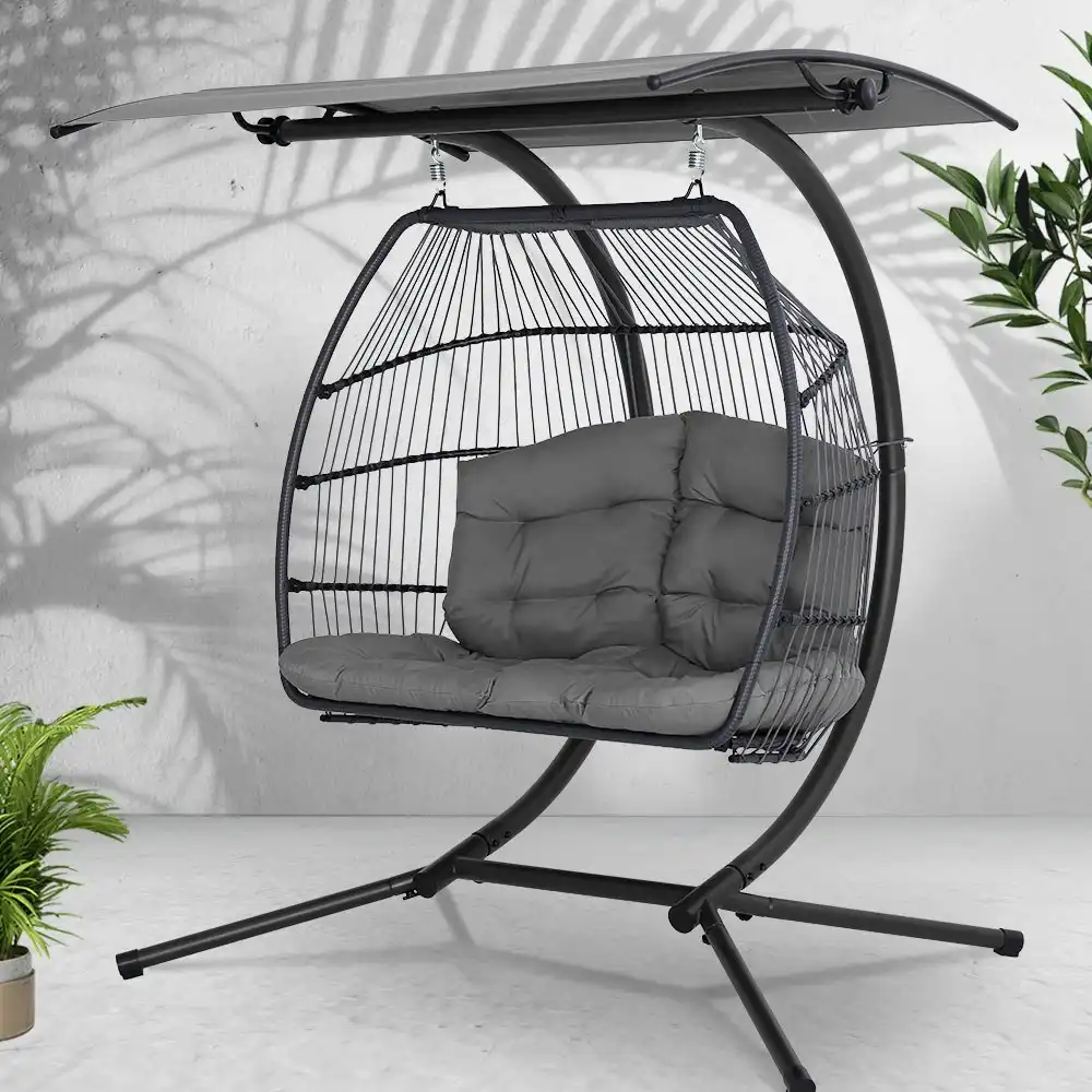 Gardeon Outdoor Egg Swing Chair Wicker Furniture Pod Stand Canopy 2 Seater Grey