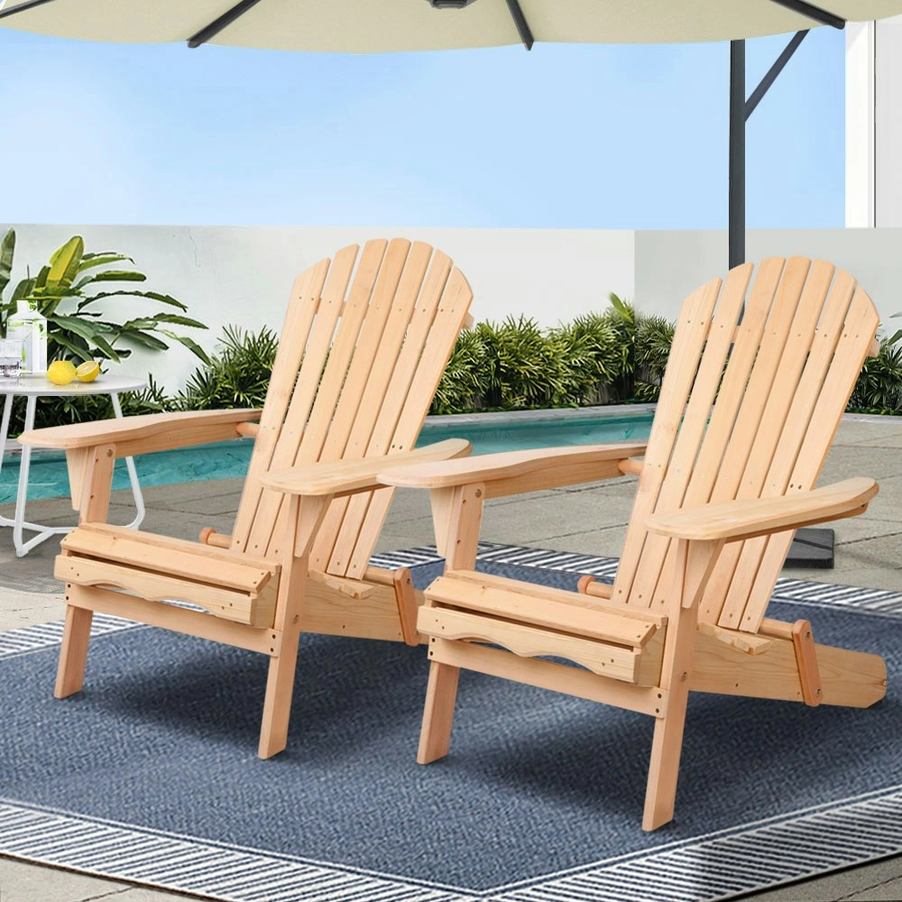 Gardeon Adirondack Outdoor Chairs Wooden Beach Chair Patio Furniture Garden Natural Set of 2