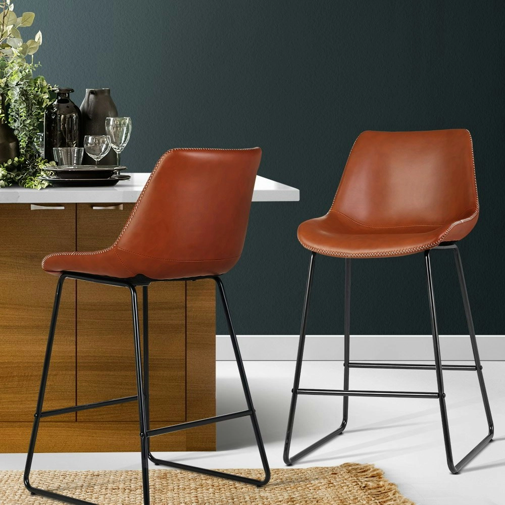 Artiss 2x Bar Stools Leather Padded Metal Legs Brown