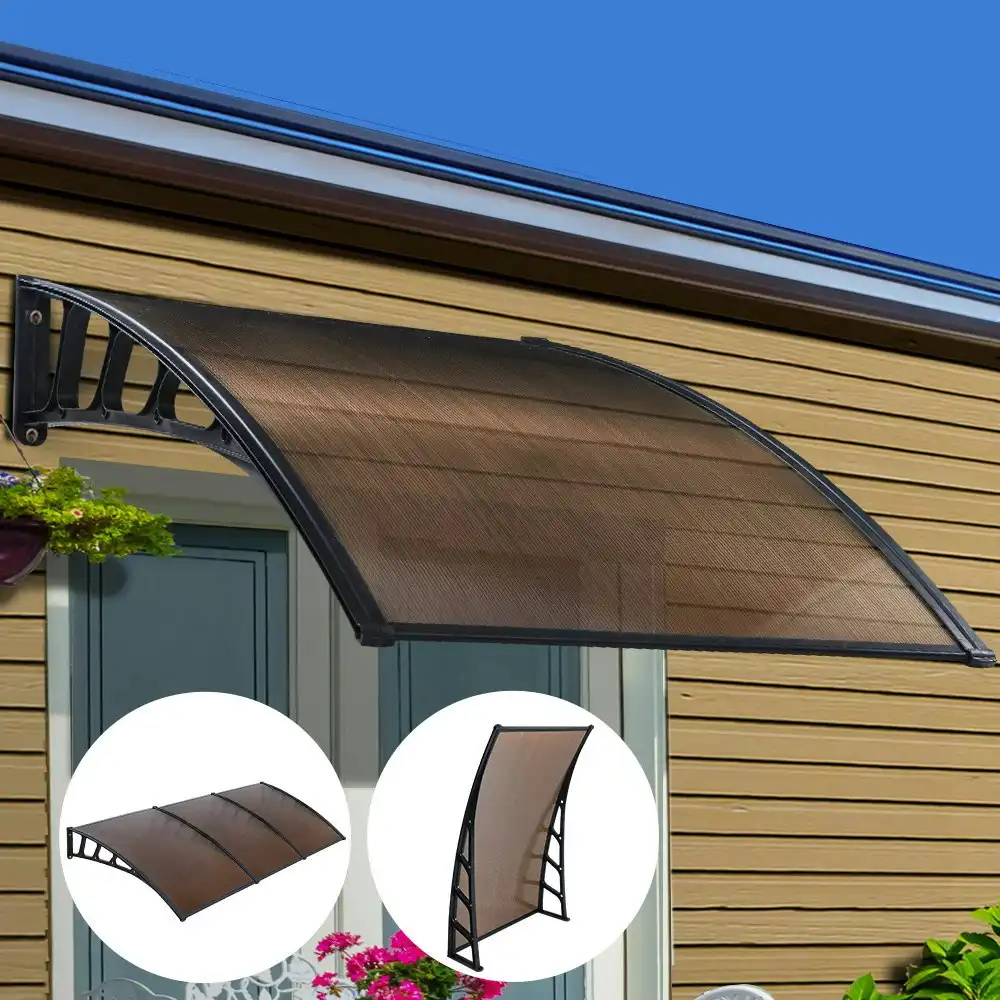 Instahut Window Door Awning Canopy 1.5mx3m Brown Sheet Black Plastic Frame