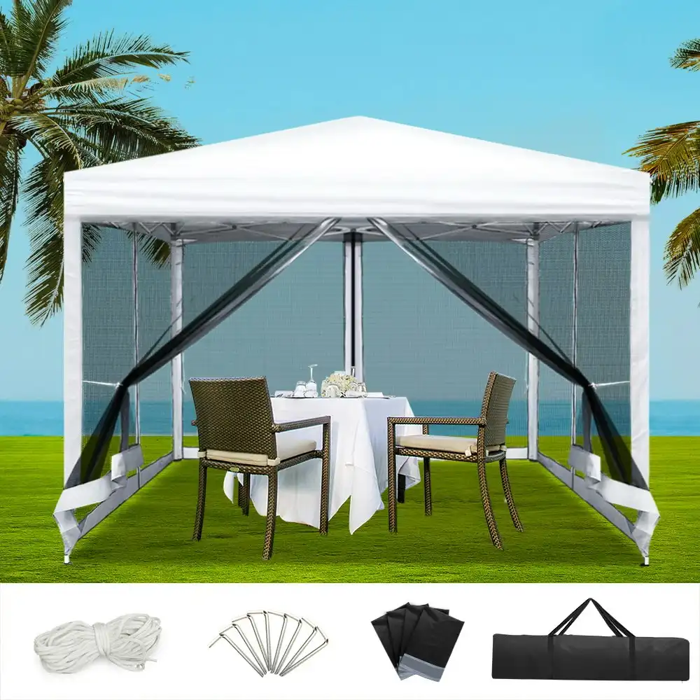 Instahut Gazebo Pop Up Marquee 3x3m Wedding Party Outdoor Camping Tent Canopy Shade Mesh Wall White