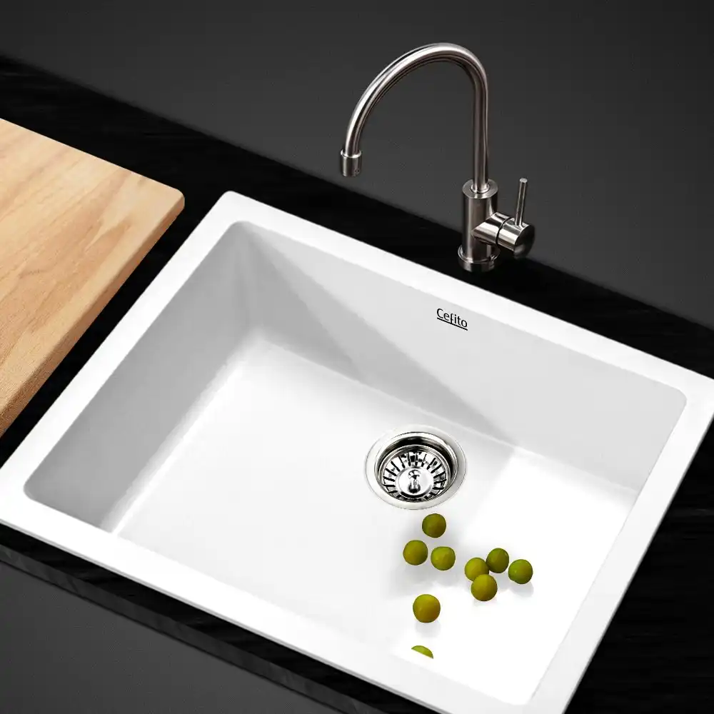 Cefito Kitchen Sink Stone Sink Granite Laundry Basin Single Bowl 61cmx47cm White