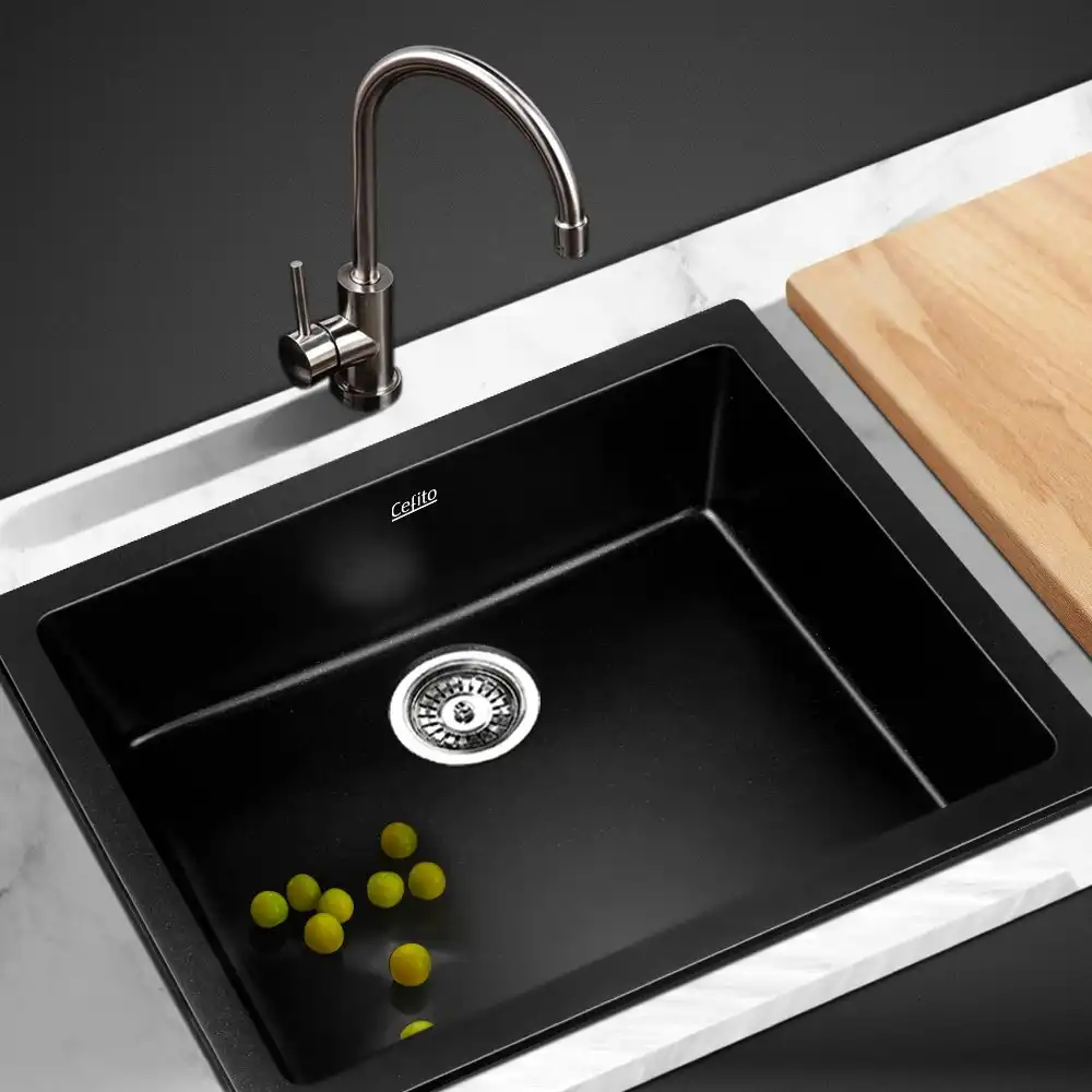 Cefito Kitchen Sink Stone Sink Granite Laundry Basin Single Bowl 46cmx41cm Black