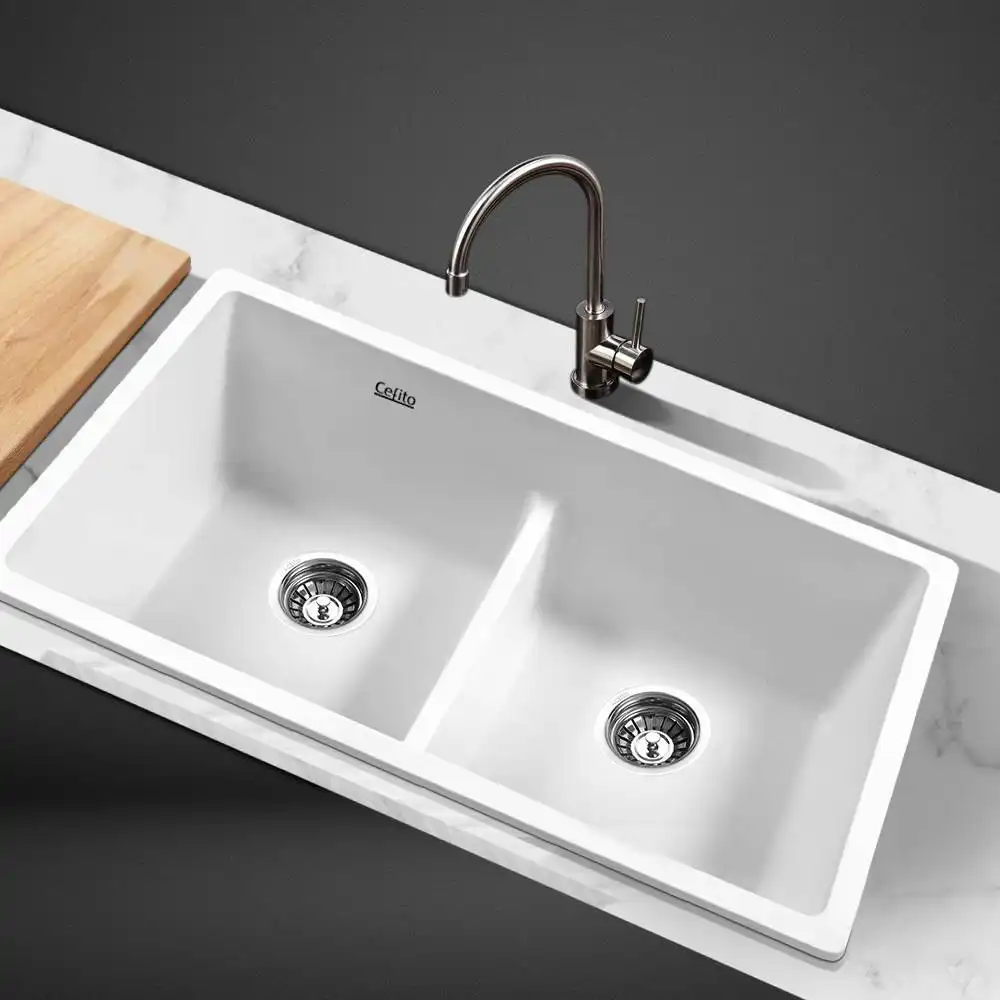 Cefito Kitchen Sink Stone Granite Laundry Basin Double Bowl 79cmx46cm White