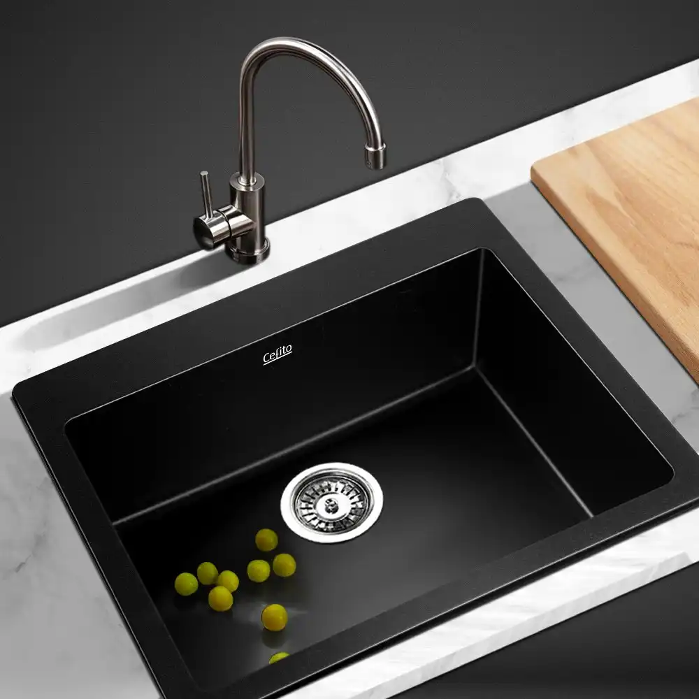 Cefito Kitchen Sink Stone Sink Granite Laundry Basin Single Bowl 57cmx50cm Black
