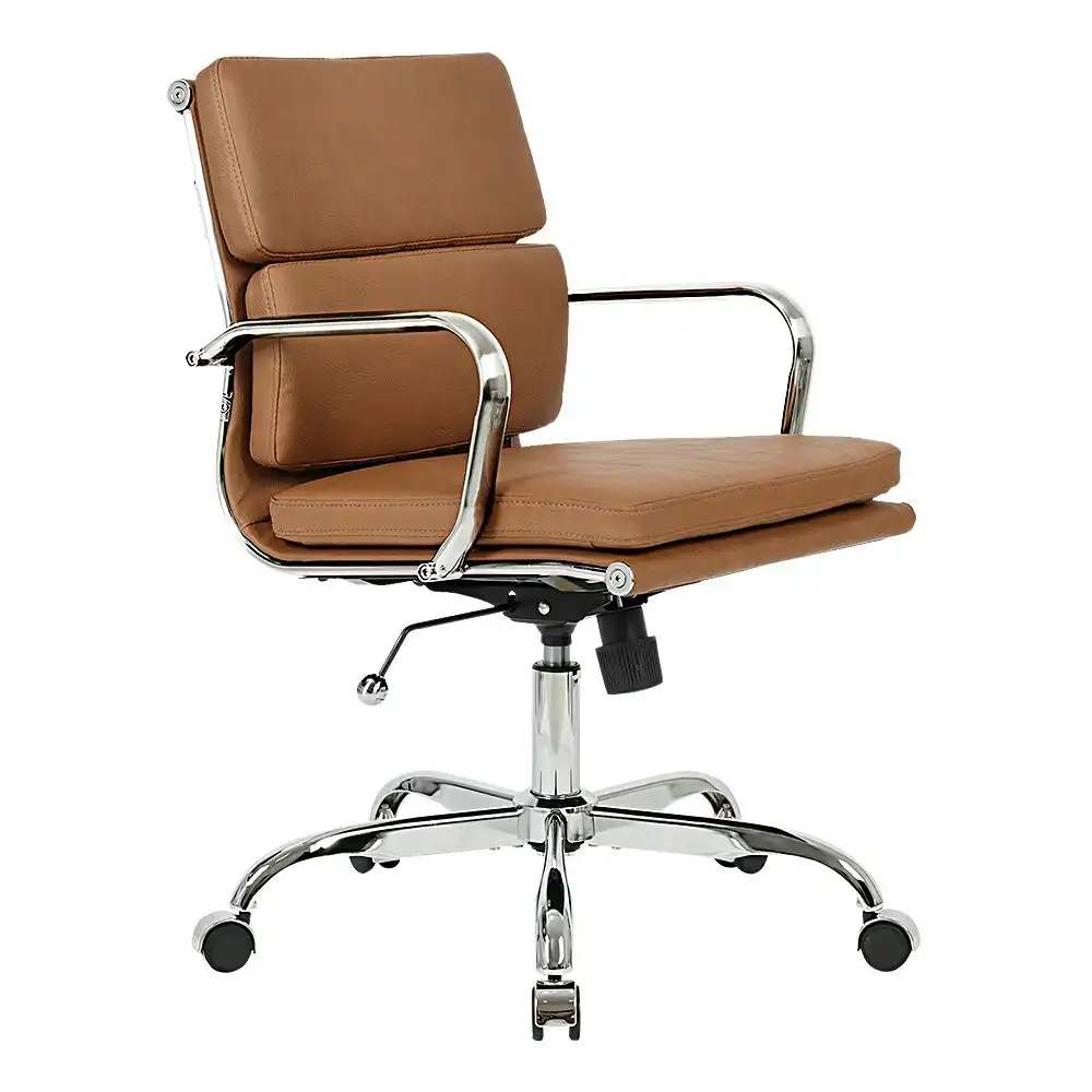 Furb Office Chair Executive Mid-Back Computer PU Leather Work Eames Replica Tan Silver