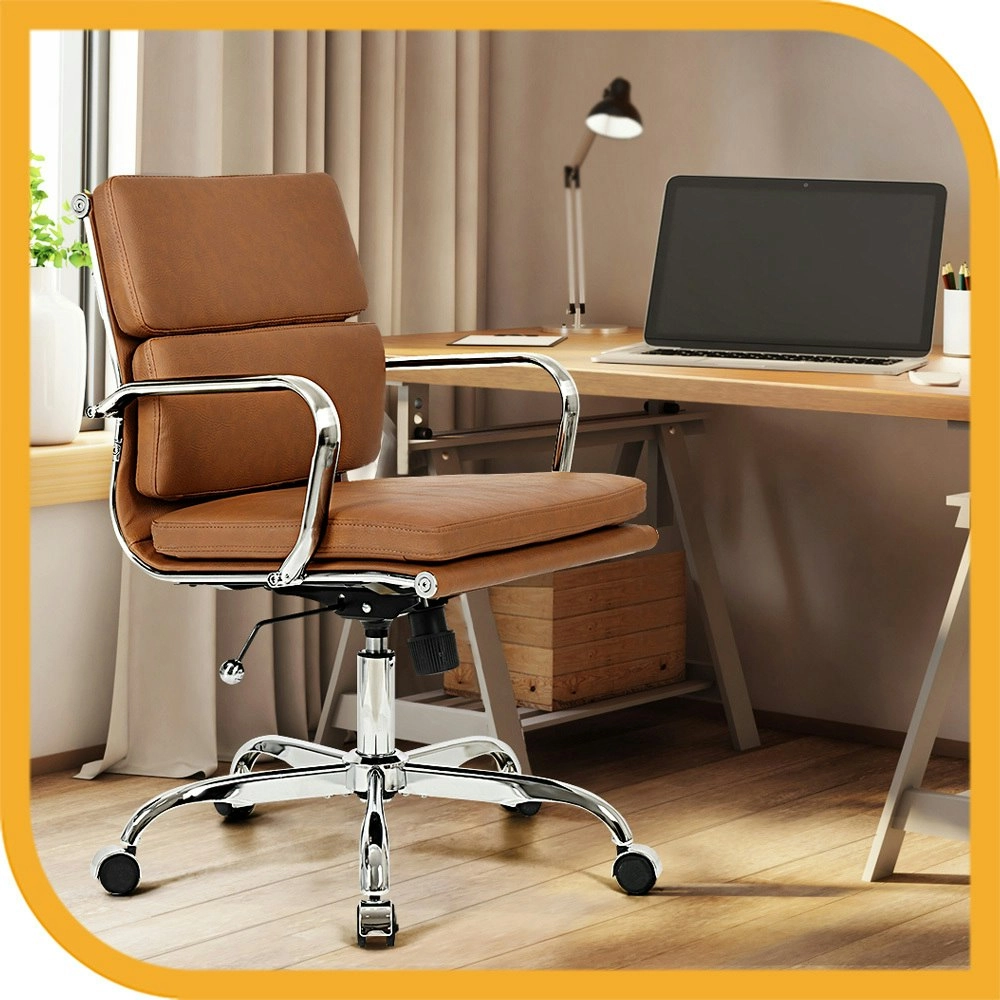 Furb Office Chair Executive Mid-Back Computer PU Leather Work Eames Replica Tan Silver