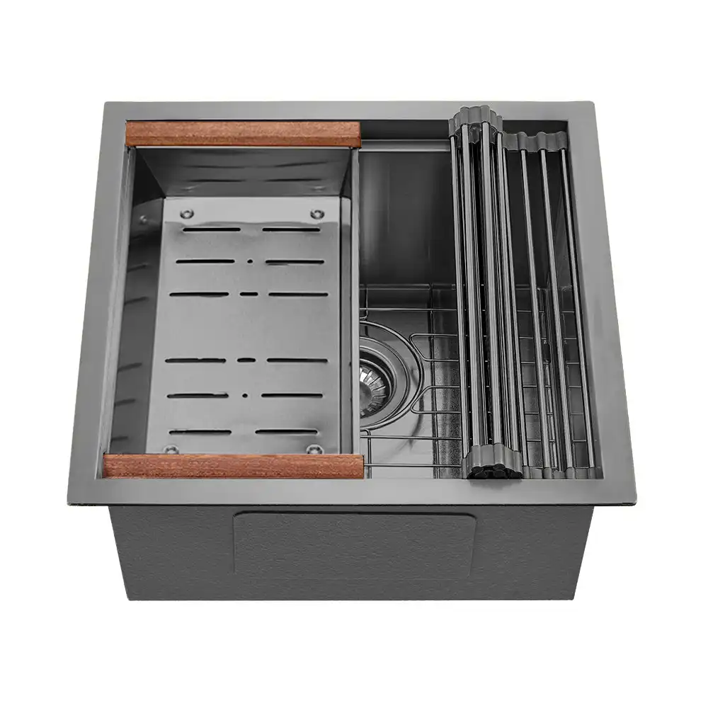 Simplus Stainless Steel Kitchen Workstation Sink 45x45CM Laundry Undermount Single Bowl Set Black