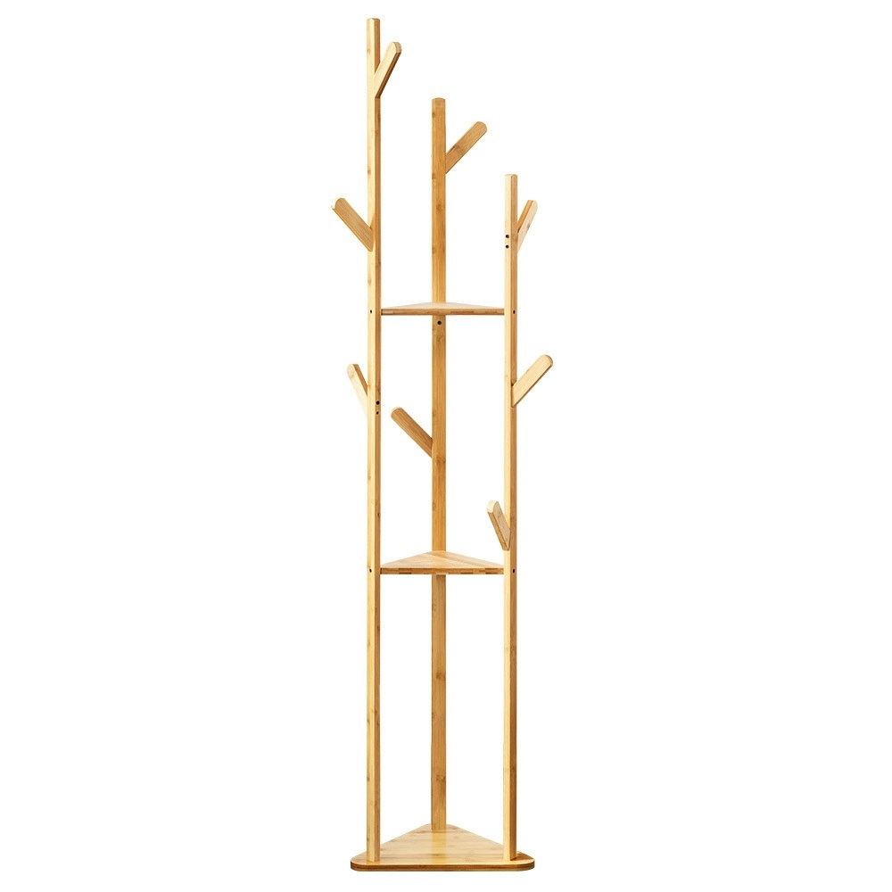 Furb Bamboo Coat Rack Hat Clothes Stand Hanger Garment 3 Layer 9 Hooks Tree Rail Organizer w Shelves