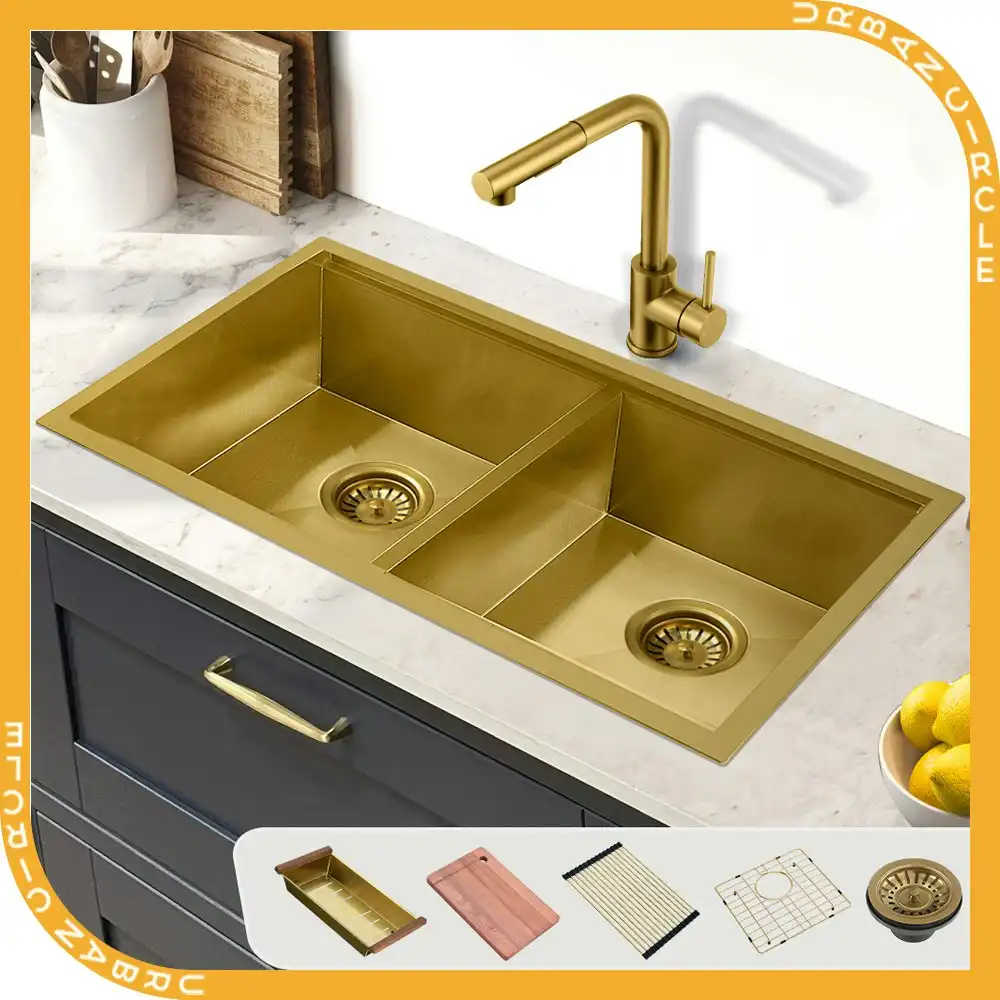 Simplus Stainless Steel Kitchen Workstation Sink 75x45CM Laundry Undermount Double Bowl Set Gold