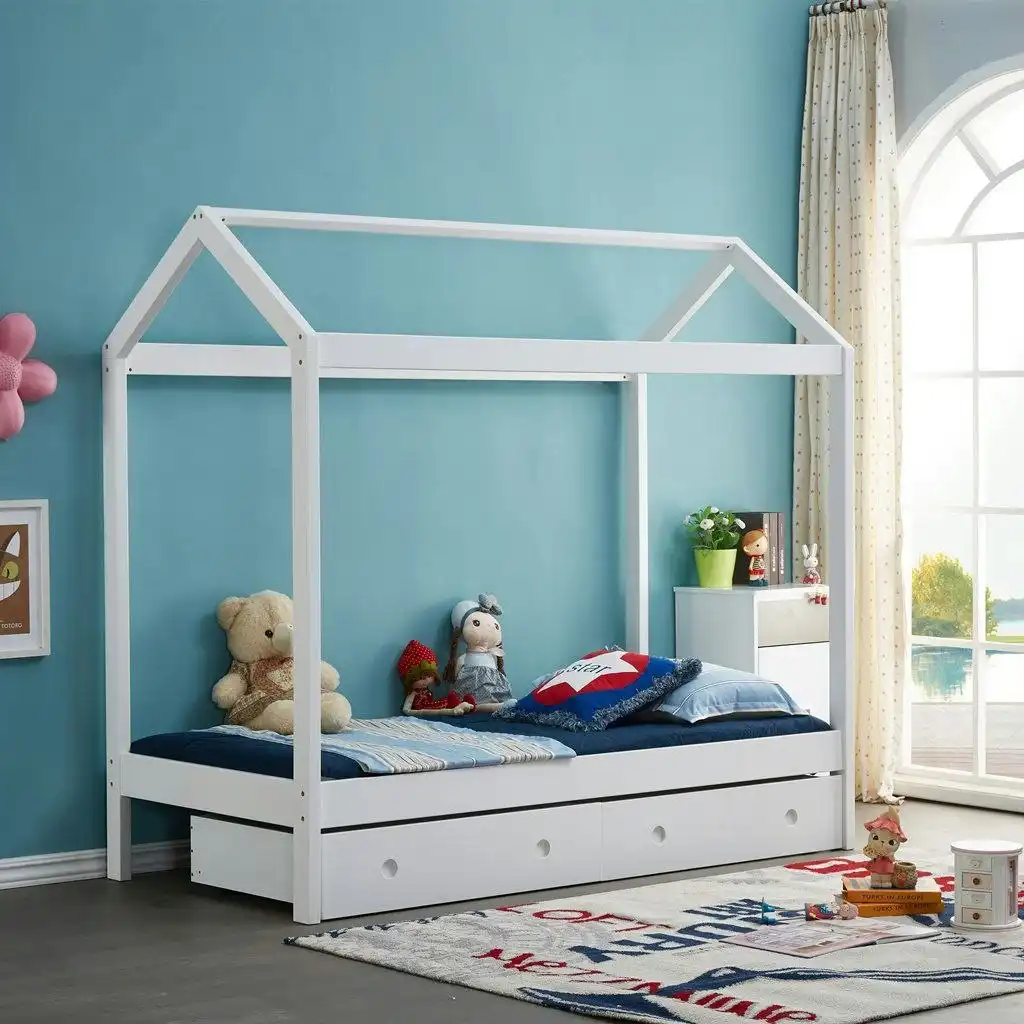 All 4 Kids Layla White Wooden House Single Bed with Under Bed Storage