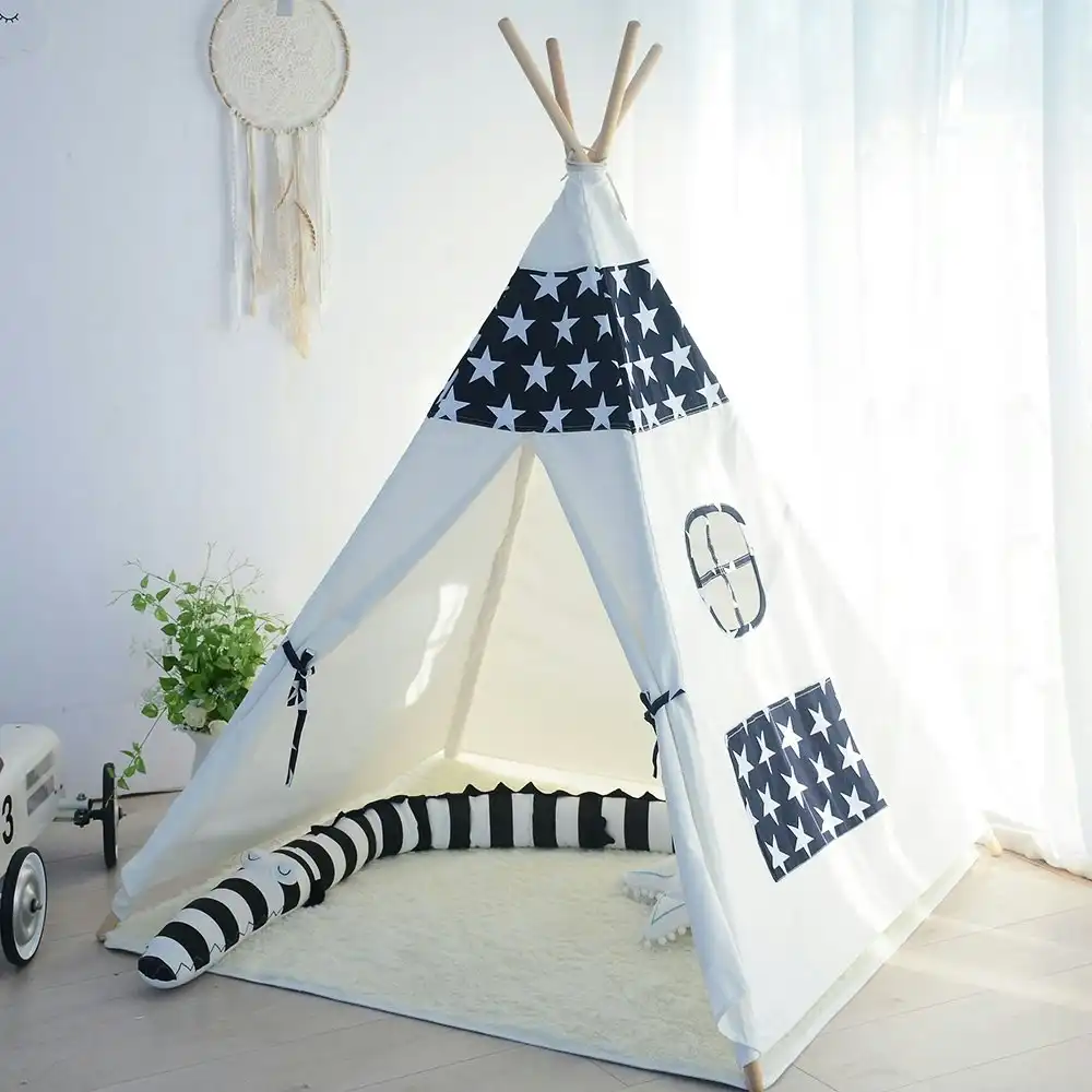 All 4 Kids Liam Large Cotton Canvas Kids Blue Star Teepee Tent