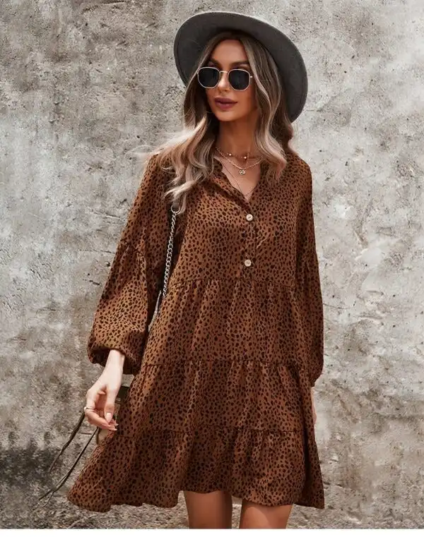 Tiered Dress with Long Cuffed Sleeves - Brown