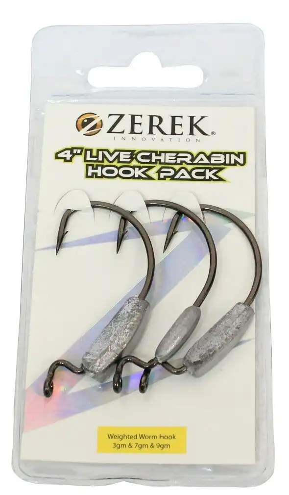 Zerek Weighted Worm Hook Pack for 4 Inch Live Cherabins - Weedless Jig Heads