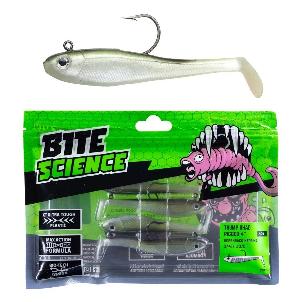 4 Pack of 4 Inch Bite Science Thump Shad Rigged Soft Plastics -Greenback Herring