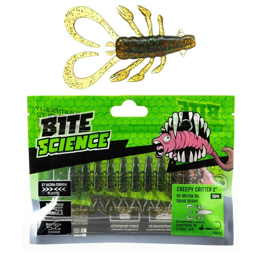 10 Pack of 2 Inch Bite Science Creepy Critter Soft Plastic Lures - UV Motor Oil