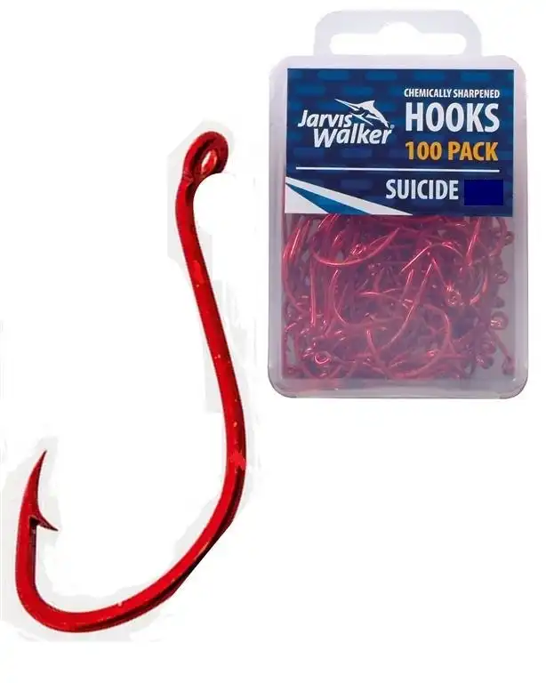 100 x Jarvis Walker Size 5/0 Suicide Octopus Hooks - Red Chemically Sharpened