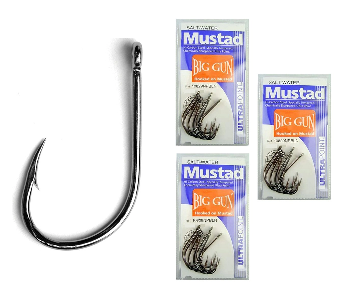 3 Packs of Mustad 10829NPBLN Big Gun Chemically Sharp Fishing Hooks