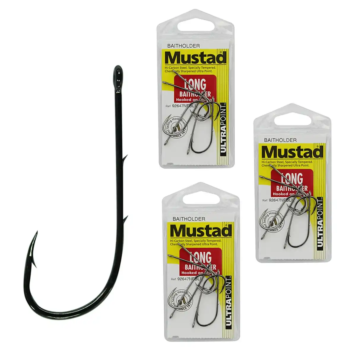 3 Packs of Mustad 92647NPBLN Long Baitholder Chemically Sharp Fishing Hooks