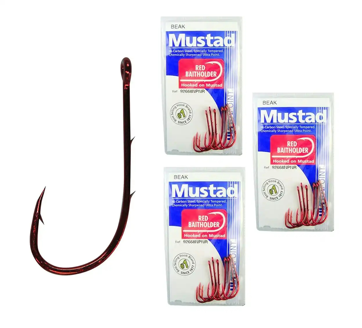 3 Packs of Mustad 92668NPNR Red Baitholder Chemically Sharp Fishing Hooks