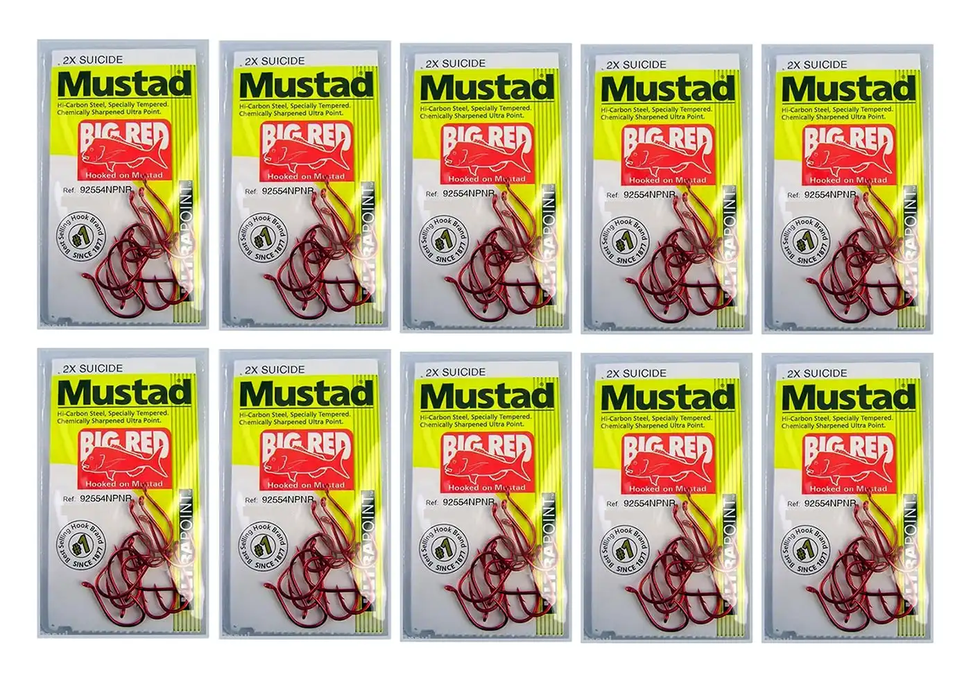 10 Packs of Mustad 92554NPNR Big Red Chemically Sharp Fishing Hooks