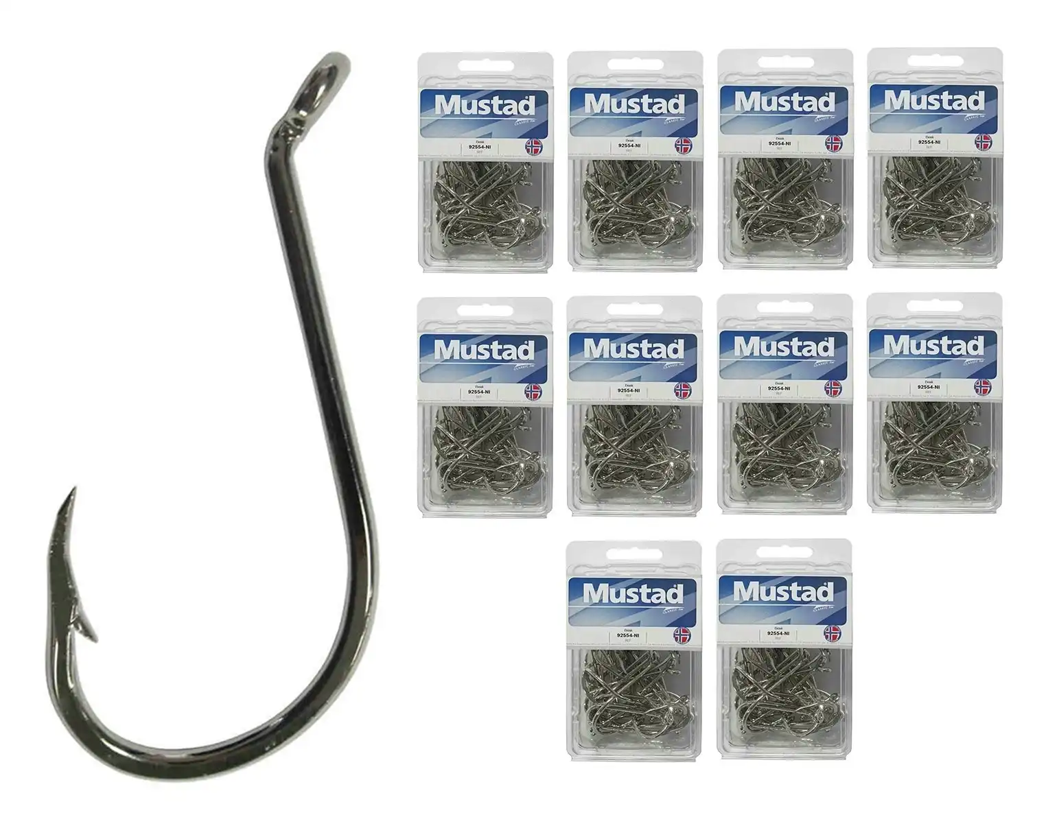 10 Boxes of Mustad 92554 2x Strong Nickle Plated Octopus Fishing Hooks