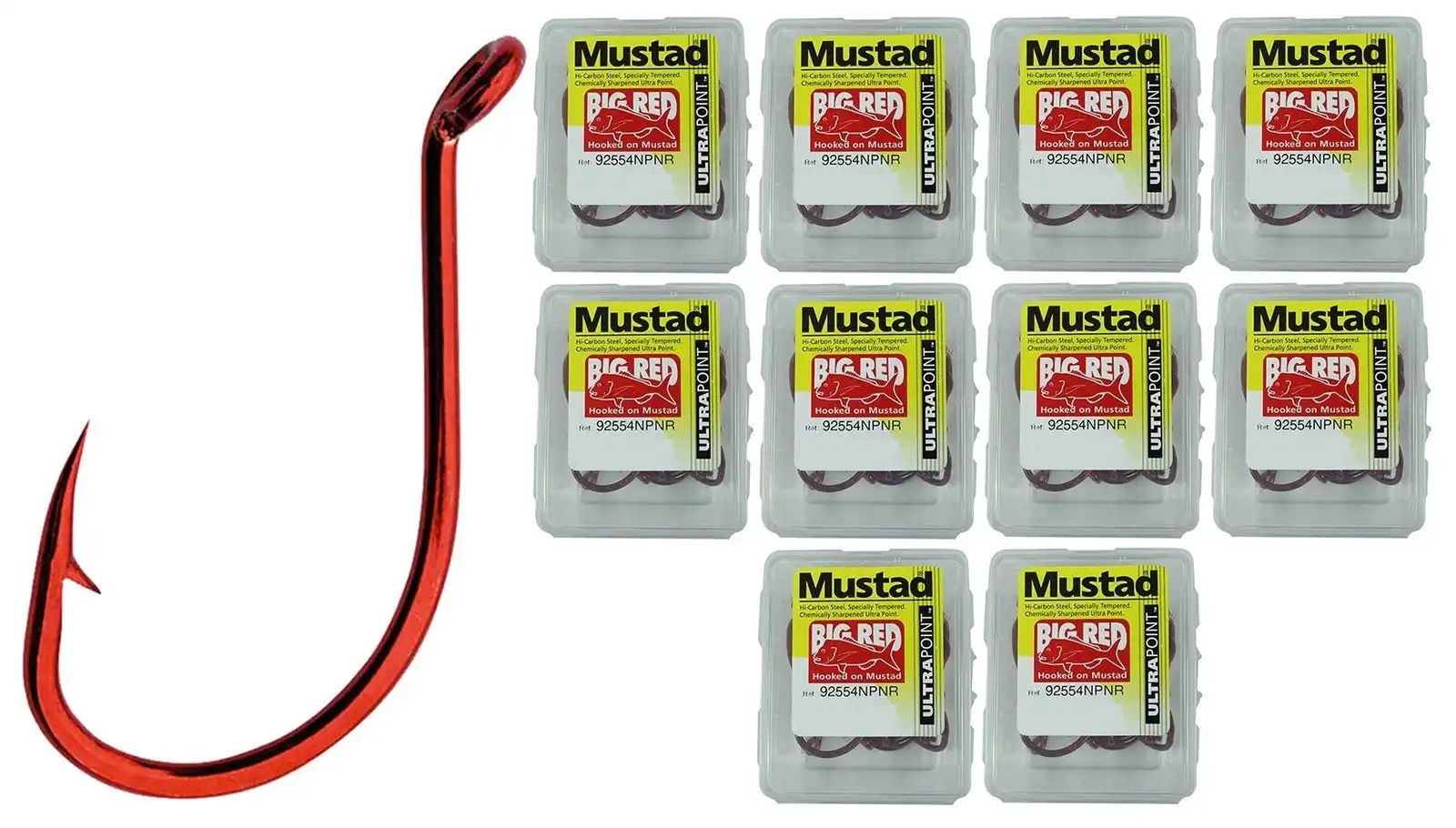 10 Boxes of Mustad 92554NPNR Big Red Chemically Sharpened Fishing Hooks