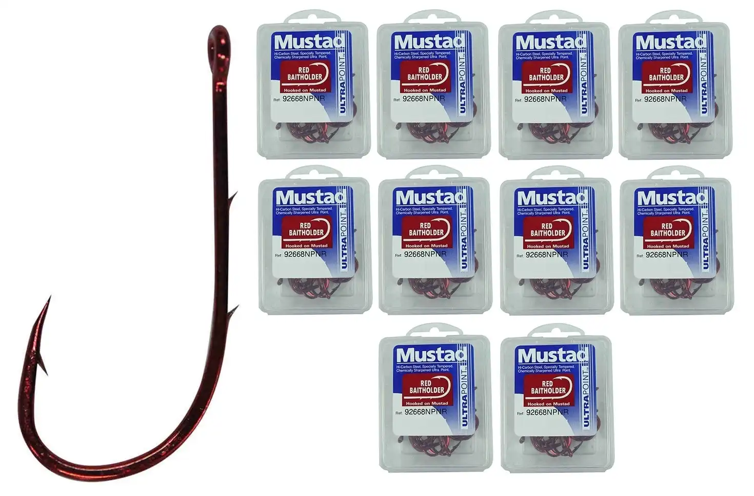 10 Boxes of Mustad 92668NPNR Red Baitholder Chemically Sharpened Fishing Hooks